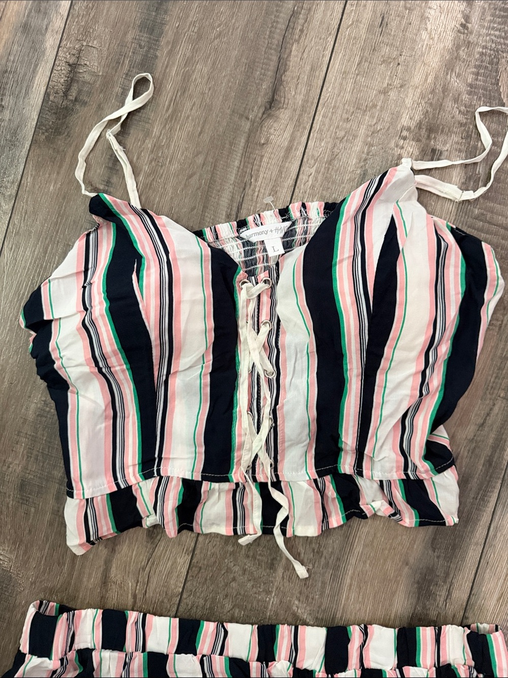 Striped Ruffle Drawstring Shorts - Pink, Navy & Green - Picture 2 of 4